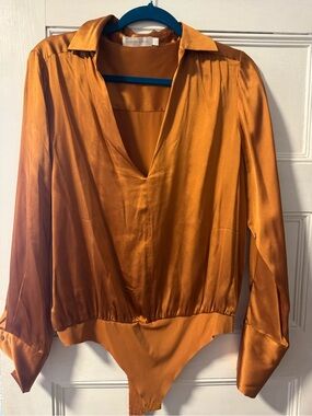 Simkhai Satin Plunge Collar Bodysuit Top in Burnt Orange
